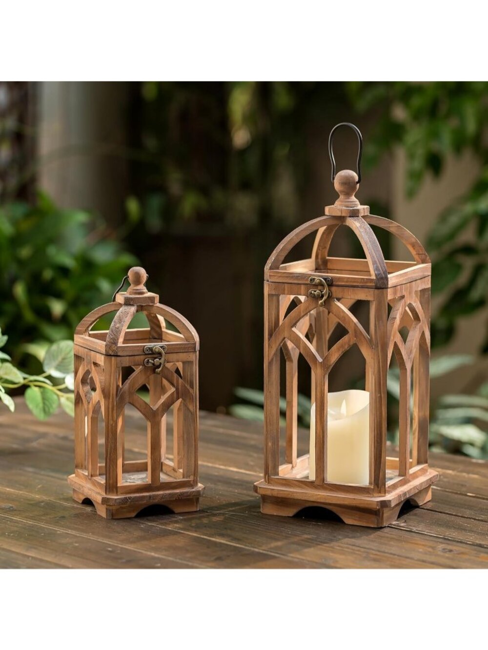 New Set of 2 Brown Wooden Farmhouse Lantern Candle Holders 11 and 15 Inch Decor